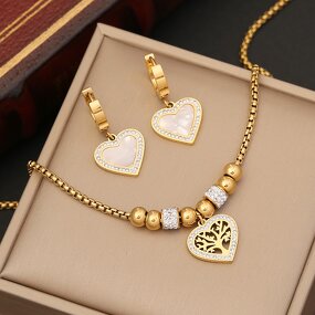 Tree of Life Heart Jewelry Set - Manufacturer with Non Tarnish 18K Gold Plated Stainless Steel & Shell for Women