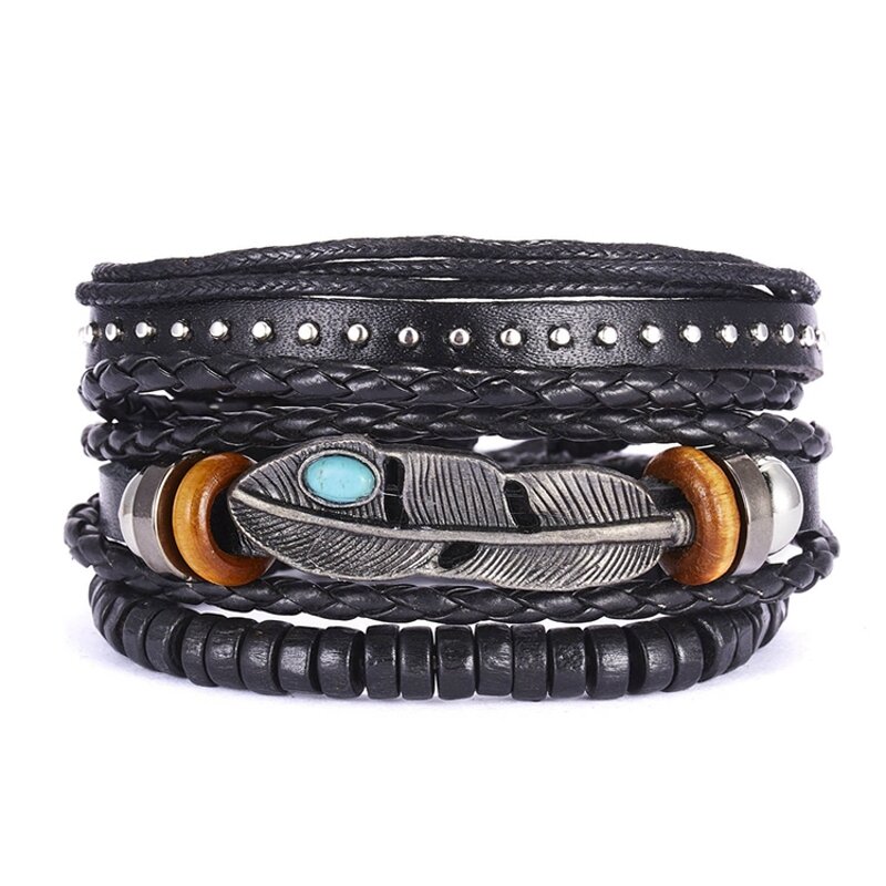 Leather Bracelet Set for Men - Manufacturer with Punk Charm Leaf Stretch Wood Beads & Braided Adjustable Wax Cord