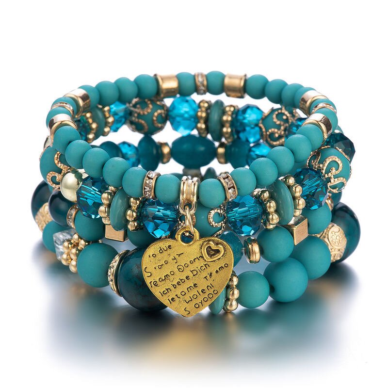 Bohemia Bracelet Set for Women - Manufacturer with Antique Gold Plated Heart Pendant & Stretch Multilayer Beads