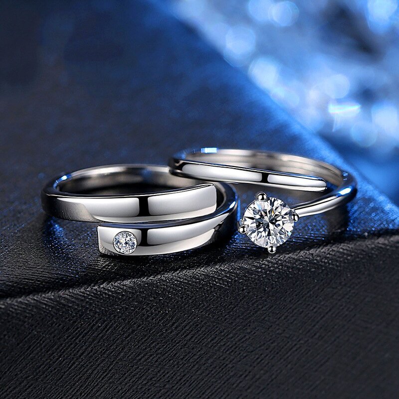 Engagement Wedding Rings Set - Manufacturer with 925 Silver Plated Crystal Zircon & Adjustable for Couples