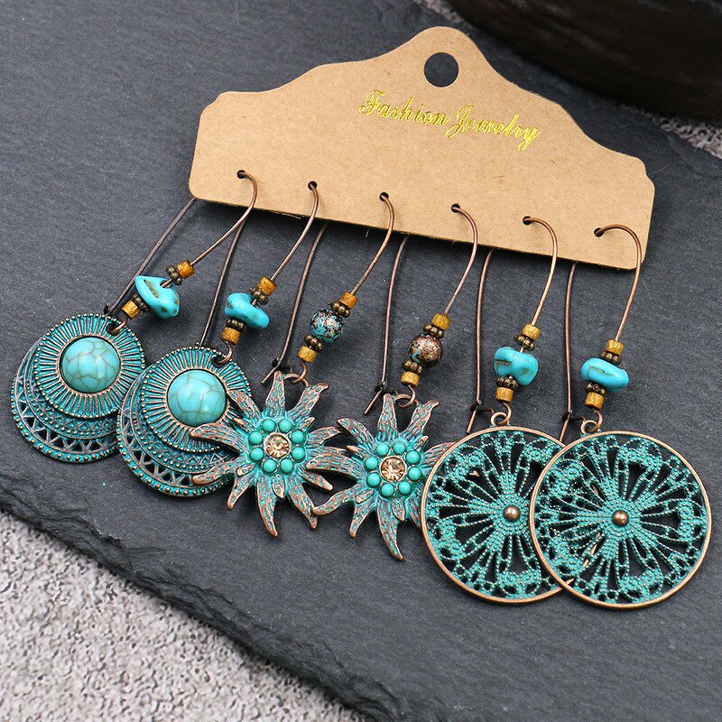 Boho Earring Set for Women - Manufacturer with 3 Pairs/card Retro Ethnic Style Patina Antique Bronze Plated