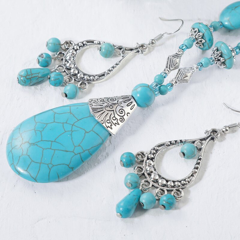 Turquoise Stone Jewelry Set for Women - Manufacturer with Vintage Antique Silver Plated Real Natural