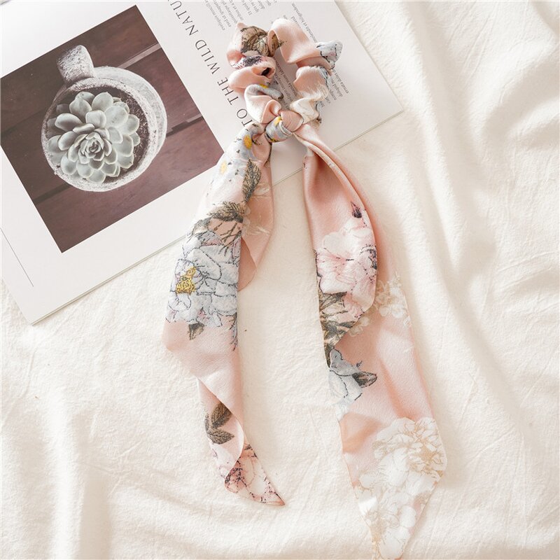 Hairscarf Scrunchies for Women Girl - Manufacturer with Boutique Flower Silk Long Tail & Floral Satin Large Ponytail