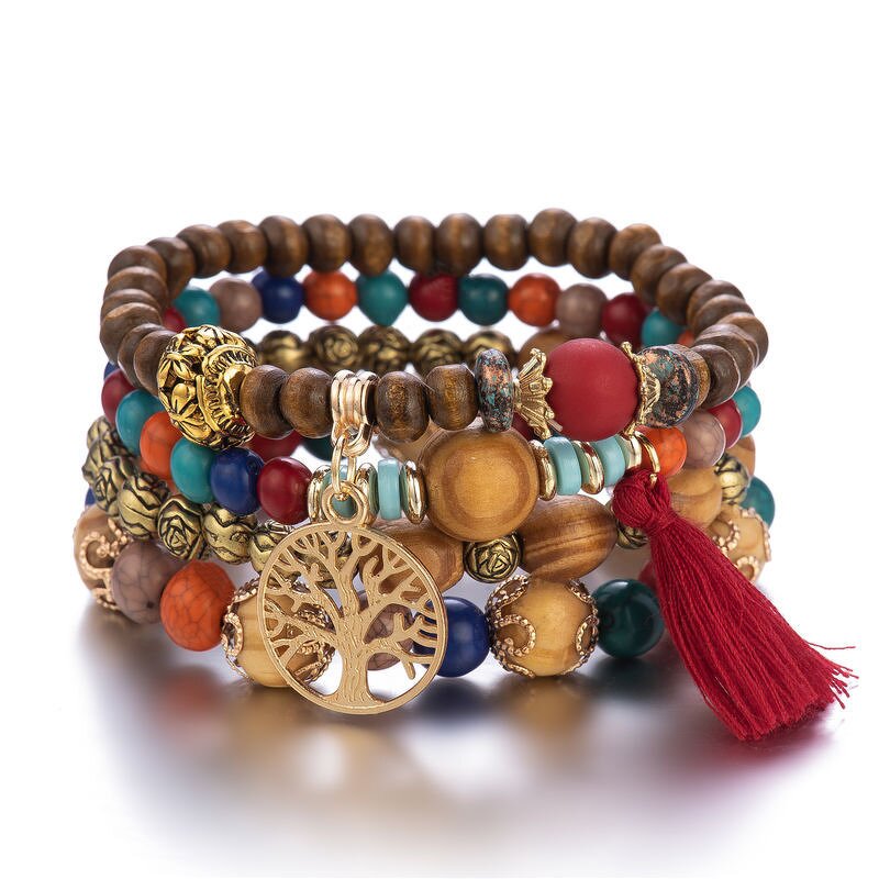 Boho Bracelet Set for Women - Manufacturer with Antique Gold Plated Charm Tree of Life Tassel & Wood Beads