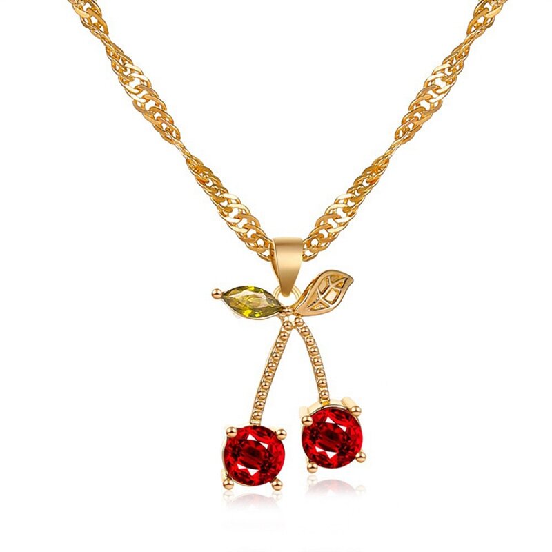 Cherry Jewelry Set - Manufacturer with Gold Plated Water-wave Chain & Red Zircon Cherry Shaped Pendant