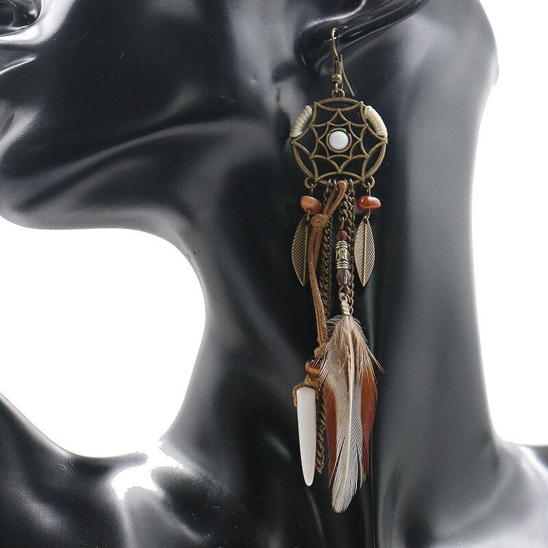 Bohemian Earring for Women - Manufacturer with Vintage Ethnic Charm Leaf Dreamcatcher & Long Chain Feather Tassel