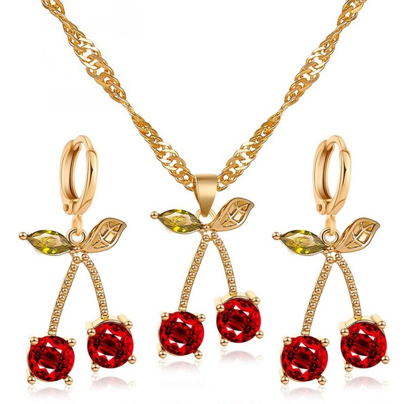 Cherry Jewelry Set - Manufacturer with Gold Plated Water-wave Chain & Red Zircon Cherry Shaped Pendant