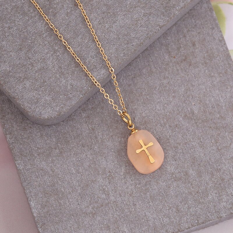 Cross Necklace - Manufacturer with Tarnish Free Real Natural Stone Pendant & 18K Gold Plated for Woman