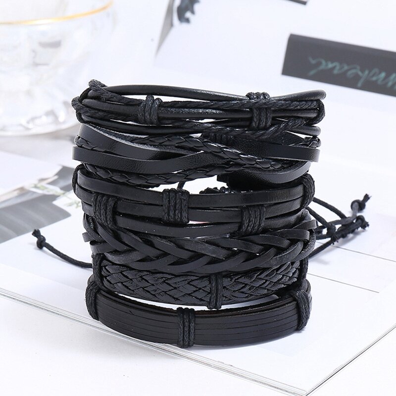 Leather Bracelet Set for Men - Manufacturer with Handmade Braided Multi Layered Wrap Black Punk