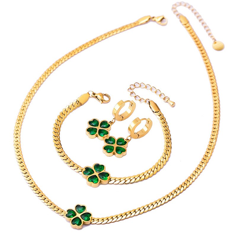 Four Leaf Clover Jewelry Set for Women - Manufacturer with Non Tarnish 18K Gold Plated Stainless Steel & Emerald