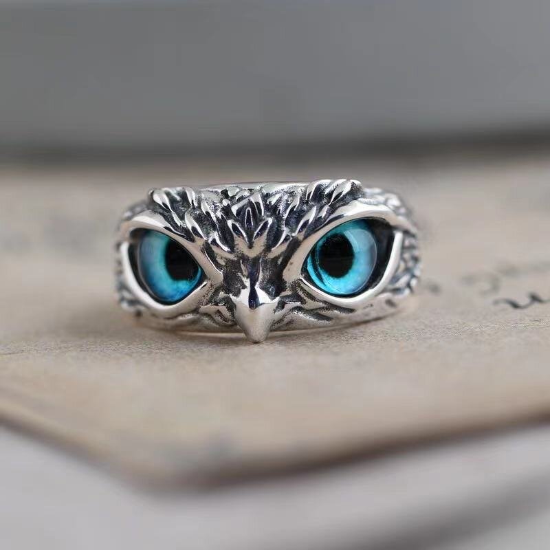 Blue Owl Eye Rings - Manufacturer with Vintage Woman Mens Antique Silver Plated Adjustable