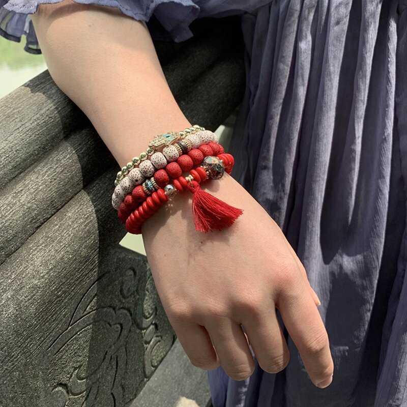 Boho Bracelet Set for Women Ladies - Manufacturer with Charm Fatima Hamsa Hand & Stretch Resin Bodhi Beads