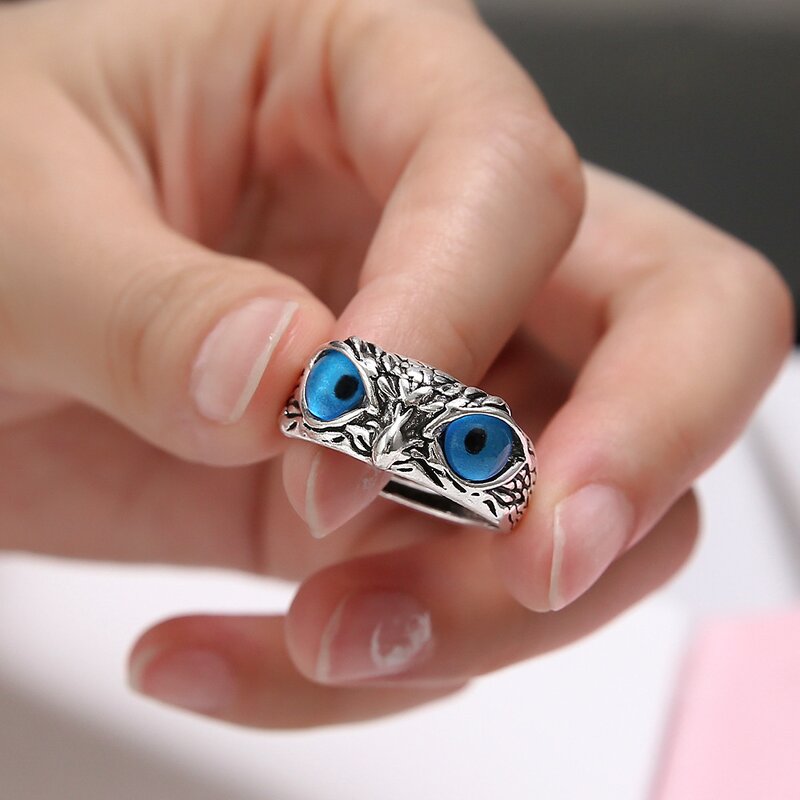 Blue Owl Eye Rings - Manufacturer with Vintage Woman Mens Antique Silver Plated Adjustable