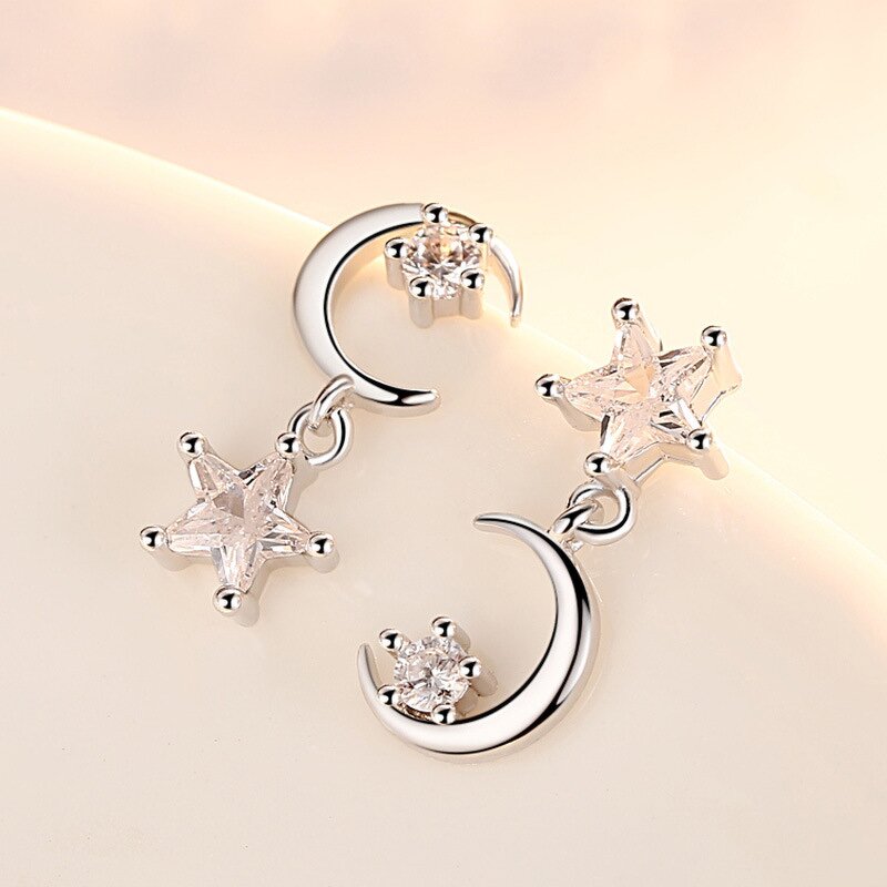 Stud Earring for Women - Manufacturer with 925 Silver Plated AAA Cubic Zircon Moon Star Shape