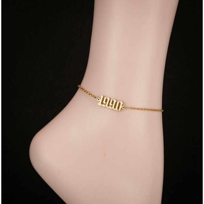 Birth Year Number Anklet for Women - Manufacturer with 18K Gold Silver Plated Stainless Steel Old English 1980-2000