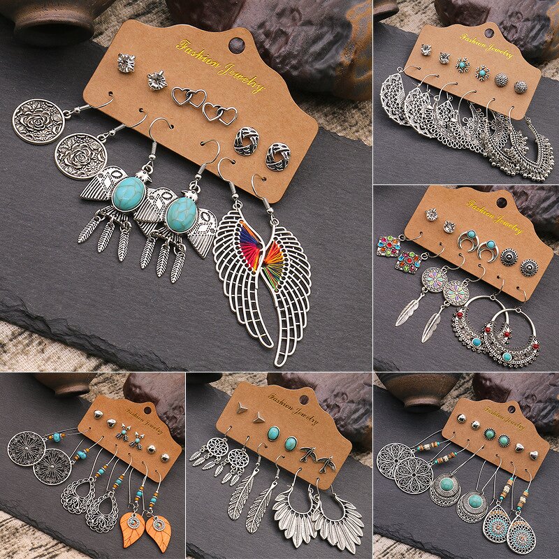 Boho Earring Set for Women Ladies - Manufacturer with 6pair/card Vintage Bohemian Geometric Turquoise Heart Crystal