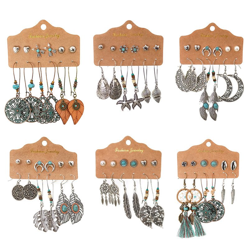 Boho Earring Set for Women - Manufacturer with 6pair/card Antique Silver Plated Heart Moon Stud & Shell Pendant