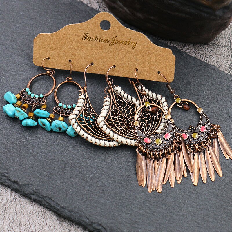 Boho Earring Set for Women - Manufacturer with 3pair/card Ethnic Style Retro Gold Bronze Plated Patina Water Drop