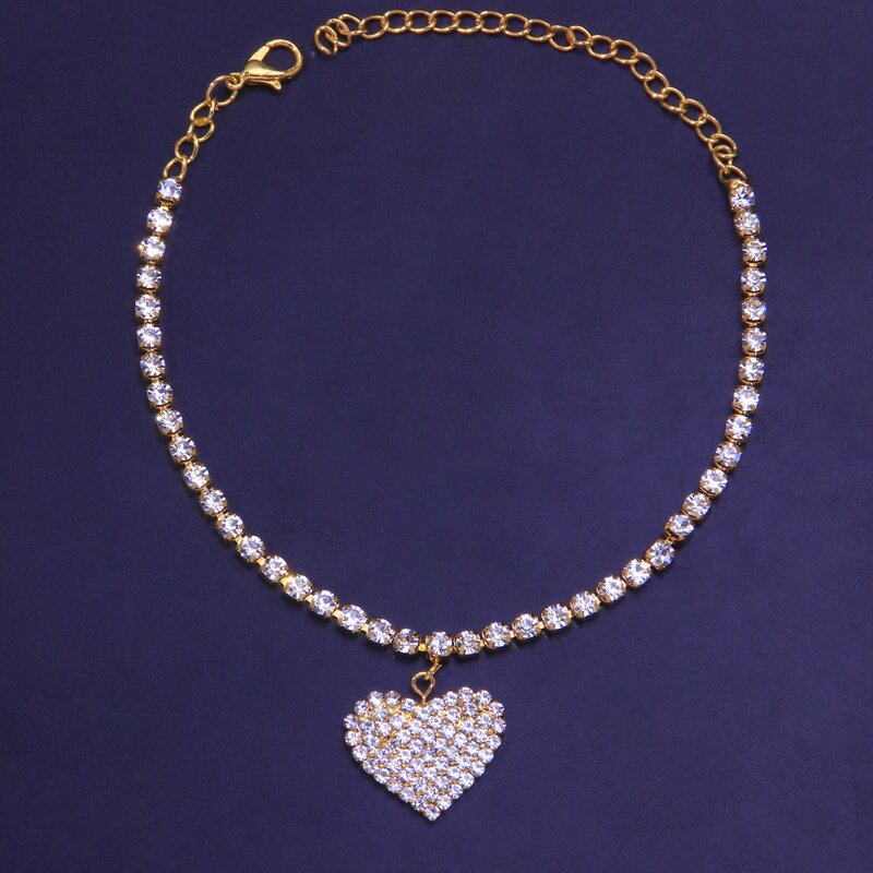 Tennis Chain Anklet for Women - Manufacturer with Gold Silver Plated Bling Full Crystal Diamond Zircon & Heart Pendant