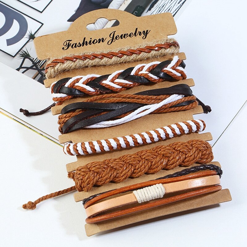 Leather Bracelet Set for Men - Manufacturer with Handmade Braided Hemp Rope Adjustable Multi Layered Wrap