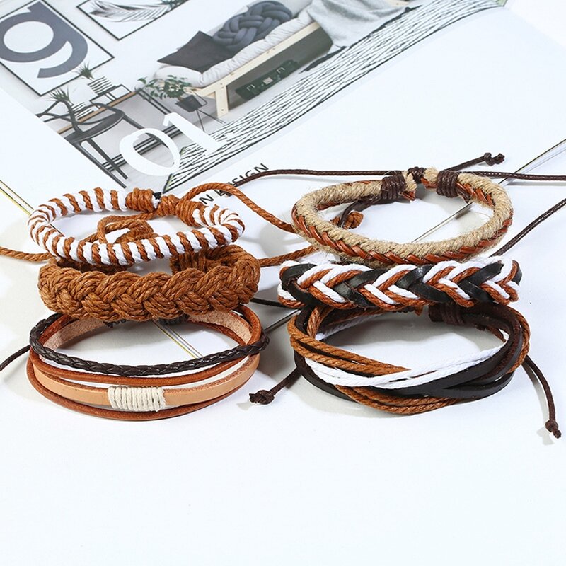 Leather Bracelet Set for Men - Manufacturer with Handmade Braided Hemp Rope Adjustable Multi Layered Wrap