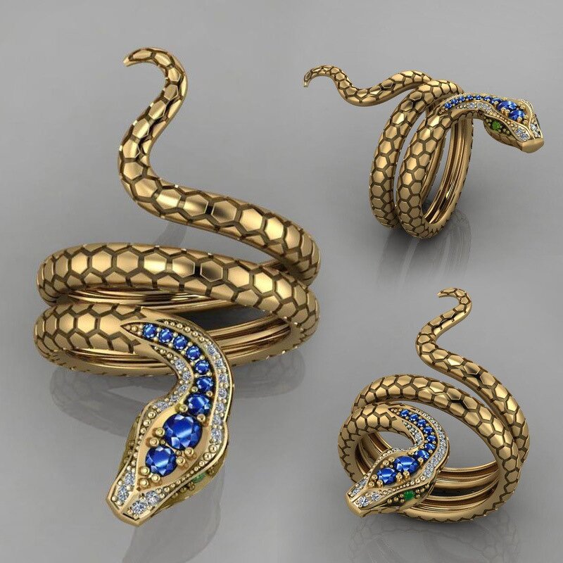 Snake Shaped Rings for Women Ladies - Manufacturer with Hip Hop Style Gold Plated Exaggerated Big Copper Gemstone