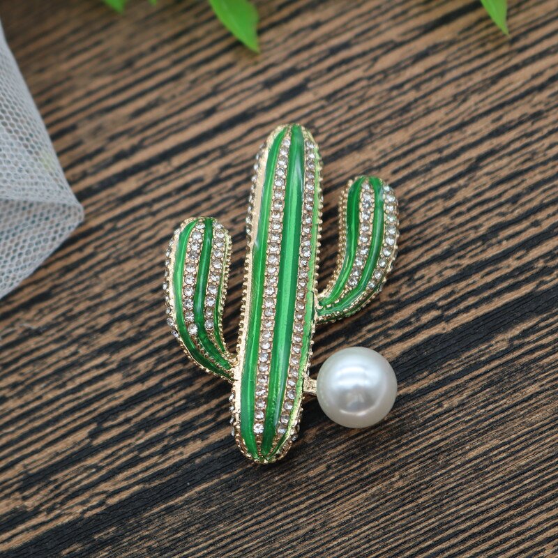 Cactus Brooch Pins for Women - Manufacturer with Fashion Gold Plated Crystal Zircon Peal Enamel