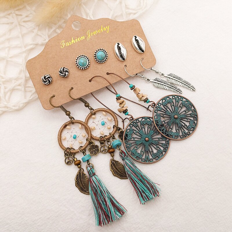 Boho Earring Set for Women - Manufacturer with 6pair/card Antique Silver Plated Heart Moon Stud & Shell Pendant