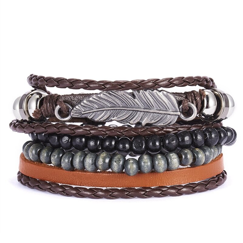 Leather Bracelet Set for Men - Manufacturer with Punk Charm Leaf Stretch Wood Beads & Braided Adjustable Wax Cord