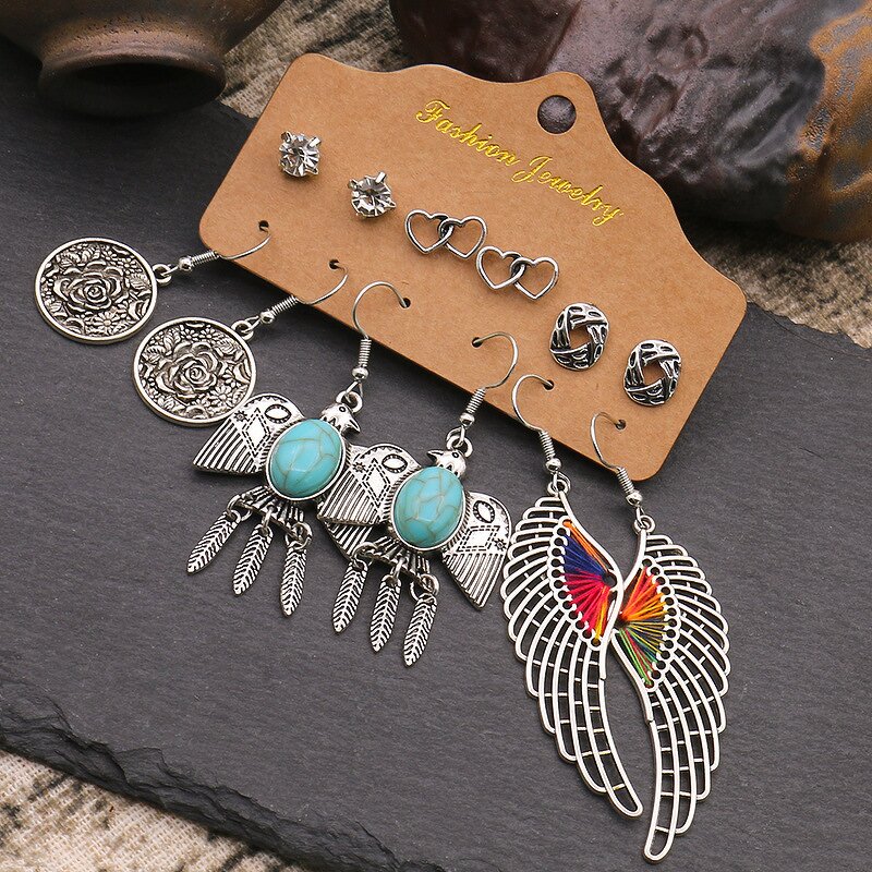 Boho Earring Set for Women Ladies - Manufacturer with 6pair/card Vintage Bohemian Geometric Turquoise Heart Crystal