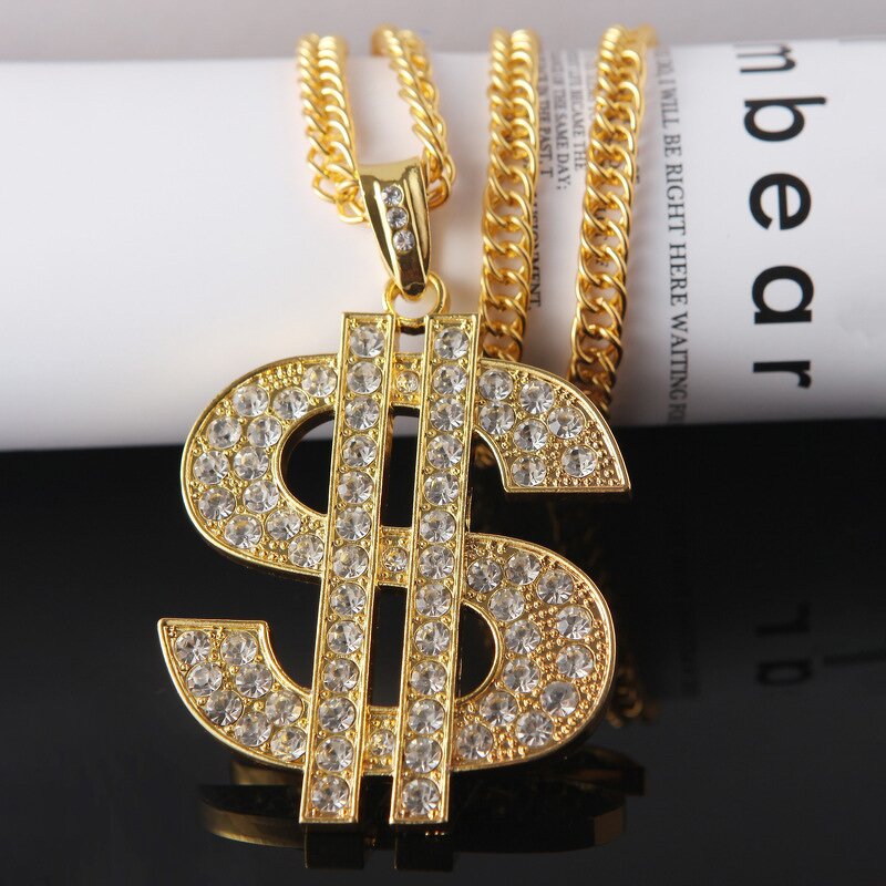 US Dollar Sign Pendant Necklace - Manufacturer with Punk Hip Hop Style & Golden Exaggerated Big Diamond