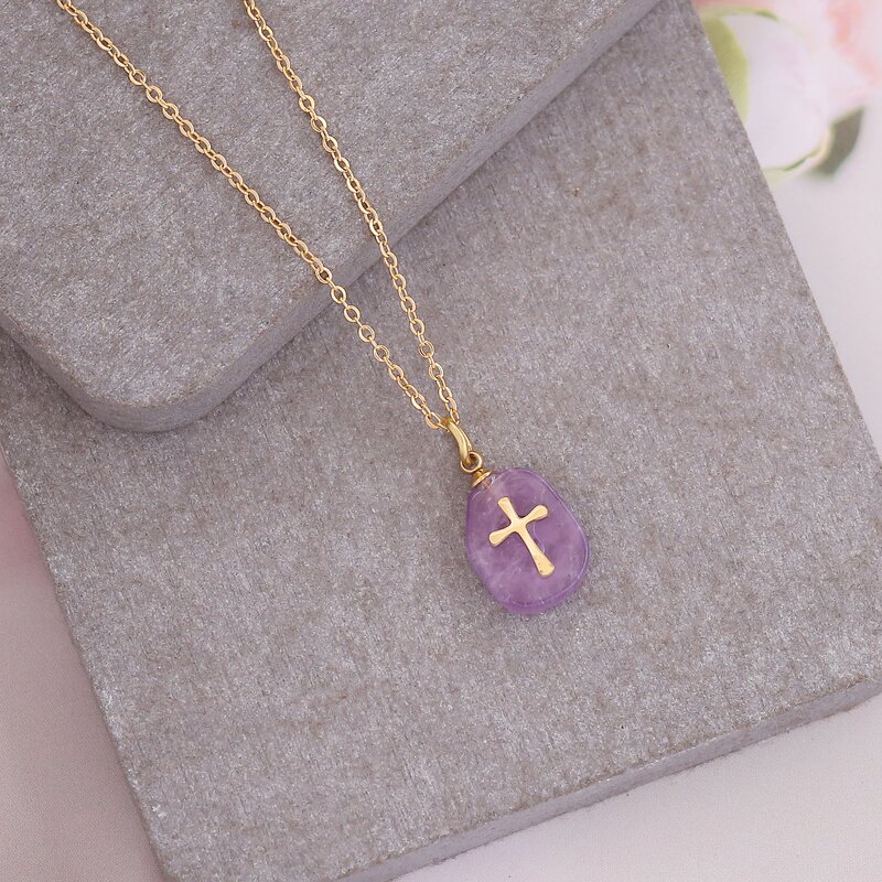 Cross Necklace - Manufacturer with Tarnish Free Real Natural Stone Pendant & 18K Gold Plated for Woman