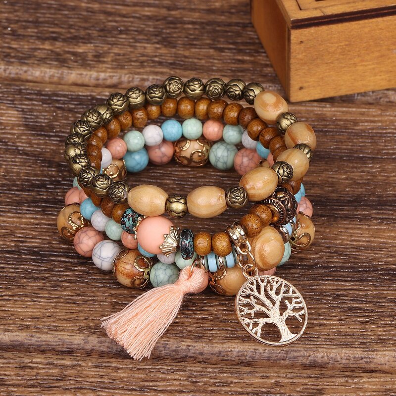Boho Bracelet Set for Women - Manufacturer with Antique Gold Plated Charm Tree of Life Tassel & Wood Beads