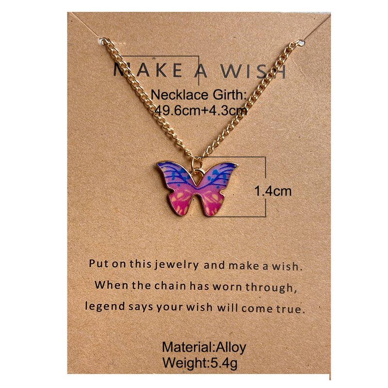 Butterfly Pendant Necklace - Manufacturer with Make a Wish Card & Colorful Enamel for Women