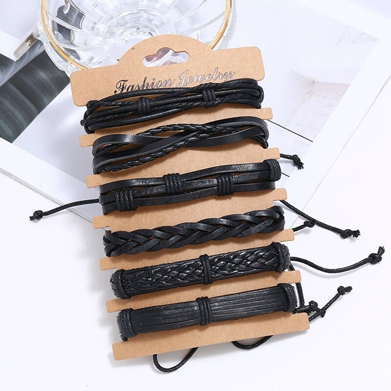 Leather Bracelet Set for Men - Manufacturer with Handmade Braided Multi Layered Wrap Black Punk