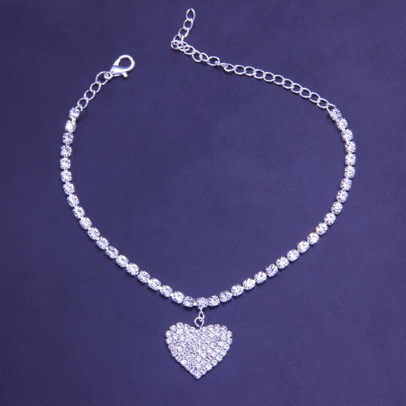 Tennis Chain Anklet for Women - Manufacturer with Gold Silver Plated Bling Full Crystal Diamond Zircon & Heart Pendant