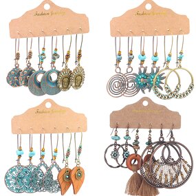 Boho Earring Set for Women - Manufacturer with 3 Pairs/Card Retro Baroque Ethnic Style Antique Gold Plated