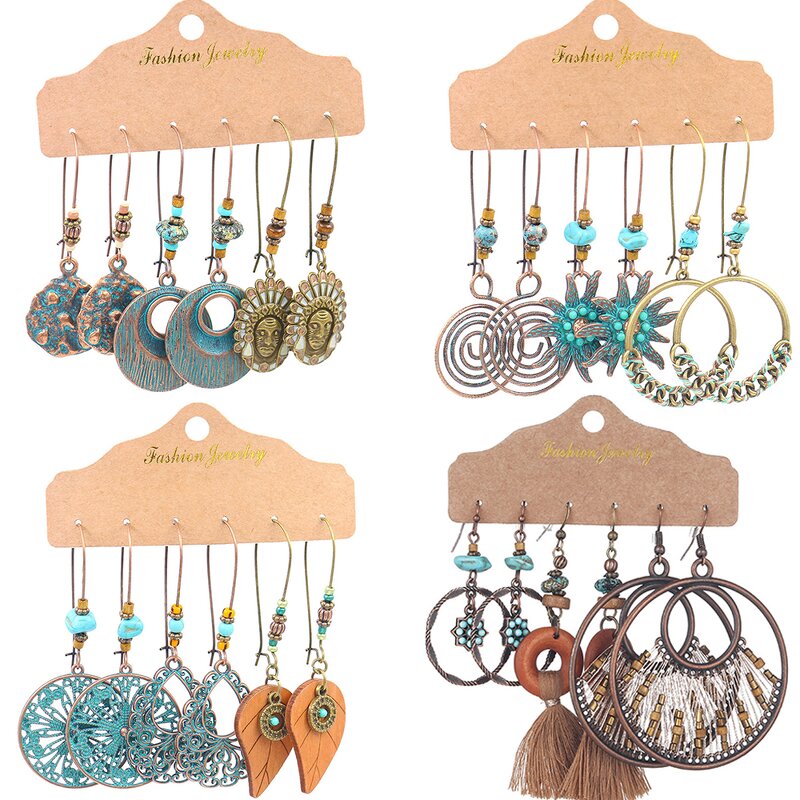 Boho Earring Set for Women - Manufacturer with 3 Pairs/Card Retro Baroque Ethnic Style Antique Gold Plated