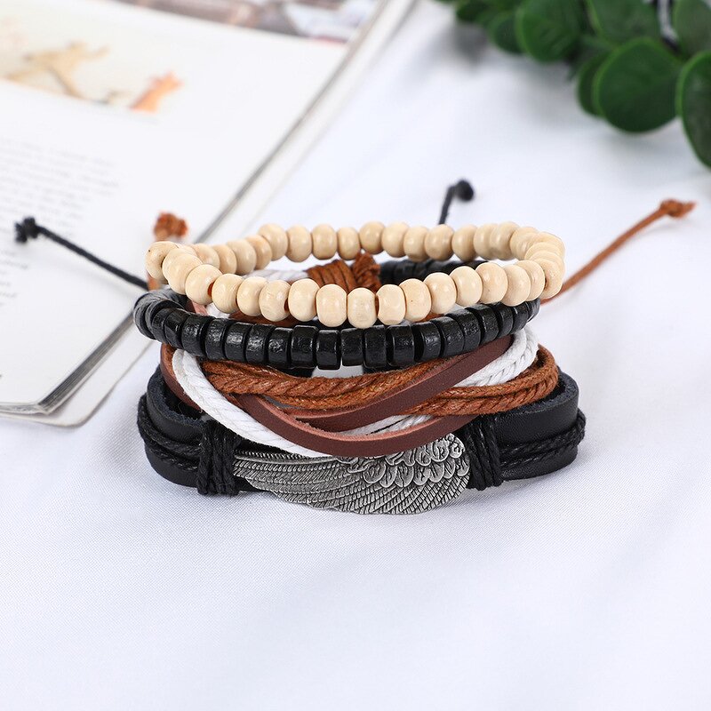 Angel Wing Bracelet Set for Men - Manufacturer with Vintage Adjustable Braided Wax Cord Multilayer Wrap Leather