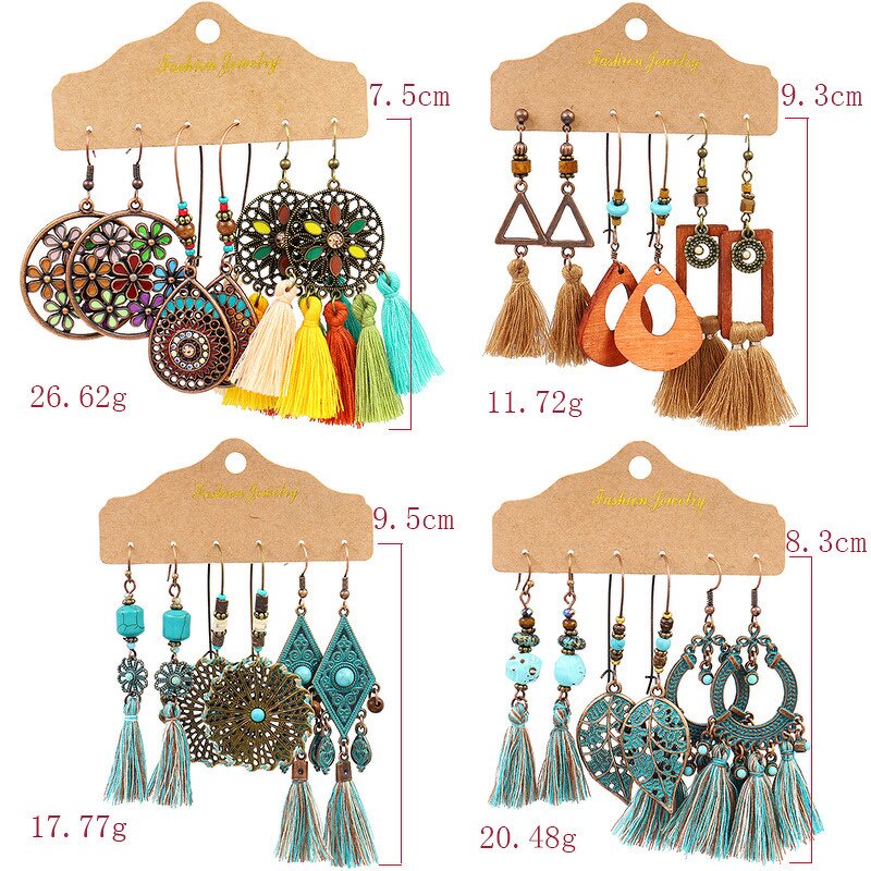 Boho Earring Set for Women - Manufacturer with 3pair/card Ethnic Antique Gold Bronze Plated Leaf Shell Vintage Tassel