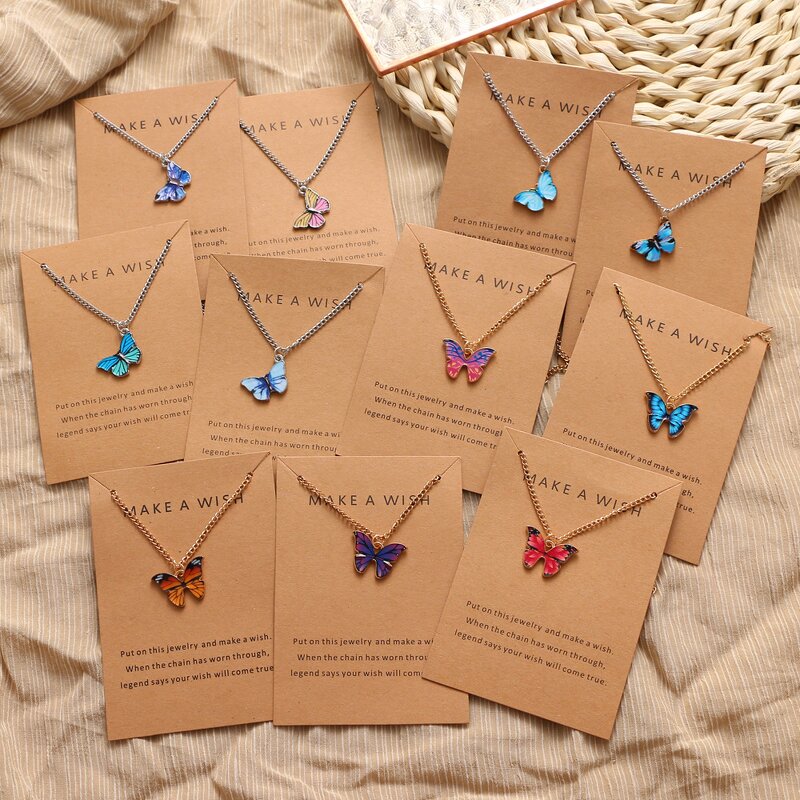Butterfly Pendant Necklace - Manufacturer with Make a Wish Card & Colorful Enamel for Women
