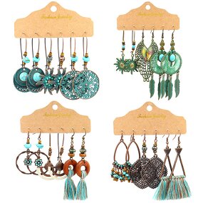 Boho Earring Set for Women - Manufacturer with 3 Pairs/card Retro Ethnic Style Patina Antique Bronze Plated