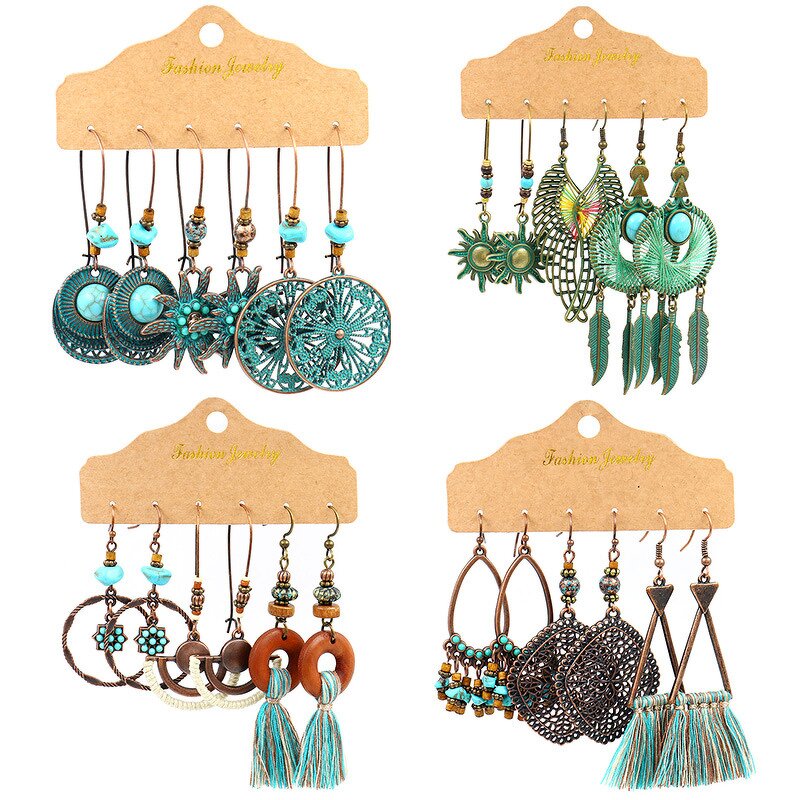 Boho Earring Set for Women - Manufacturer with 3 Pairs/card Retro Ethnic Style Patina Antique Bronze Plated