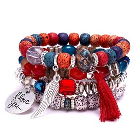 Boho Bracelet Set for Women - Manufacturer with Charm Tassel Wings Pendant & Resin Bodhi Beads