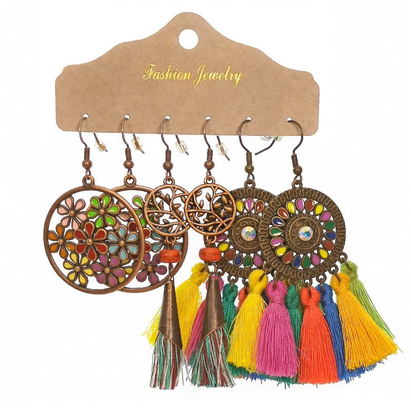 Boho Earring Set for Women - Manufacturer with 3pair/card Ethnic Antique Gold Bronze Plated Leaf Shell Vintage Tassel