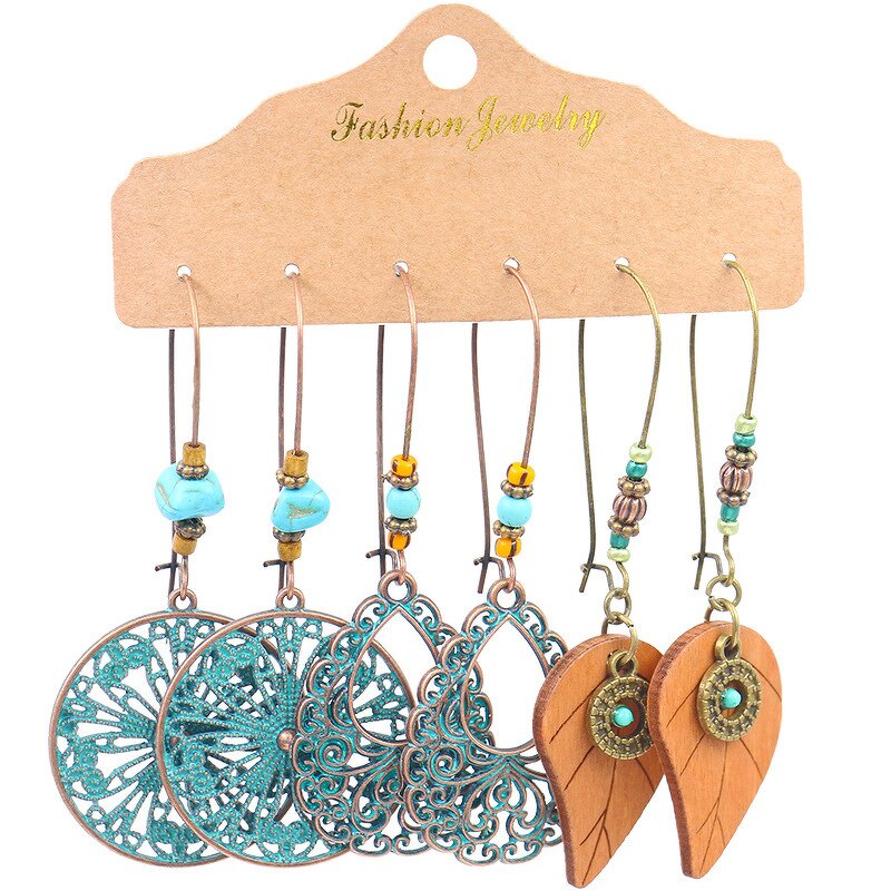 Boho Earring Set for Women - Manufacturer with 3 Pairs/Card Retro Baroque Ethnic Style Antique Gold Plated