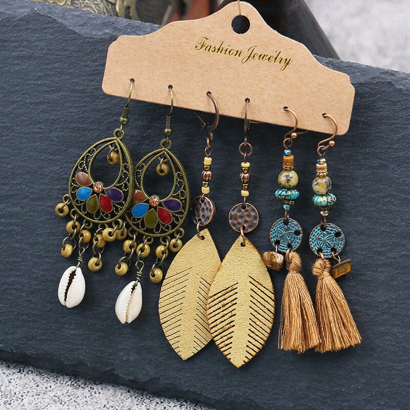Boho Earring Set for Women - Manufacturer with 3 Pair/Card Vintage Bohemia Antique Bronze Plated Heart Hoop Tassel