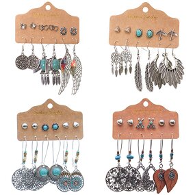 Boho Earring Set for Women Ladies - Manufacturer with 6pair/card Vintage Bohemian Geometric Turquoise Heart Crystal
