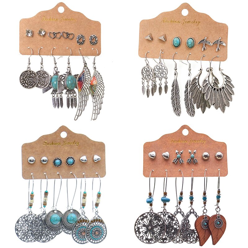 Boho Earring Set for Women Ladies - Manufacturer with 6pair/card Vintage Bohemian Geometric Turquoise Heart Crystal