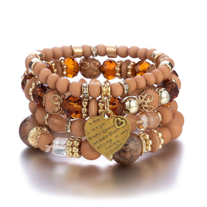 Bohemia Bracelet Set for Women - Manufacturer with Antique Gold Plated Heart Pendant & Stretch Multilayer Beads